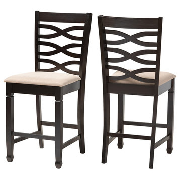 Brande Sand Fabric Espresso Brown Finish Counter Height Pub Chairs, Set of 2