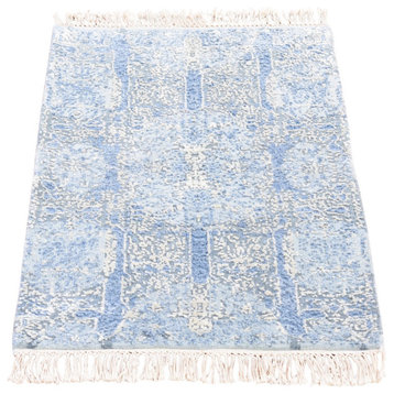 Jewellery Design Hand Knotted Blue Wool and Pure Silk Mat Rug, 2'0" x 3'0"