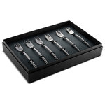 Mepra - Due Cake Fork Set 6-Piece Set, Black Gold - The Due collection by Mepra is flatware that exudes luxury as a lifestyle. Its cool, minimal, style is inspired by influential designers like Angelo Mangiarotti and exalted through generations of tradition, technique and superb materials. They're quite practical, too. The metal undergoes a titanium-based molecular embedding process that makes for dishwasher-safe utensils that won't corrode, oxidize or stain.