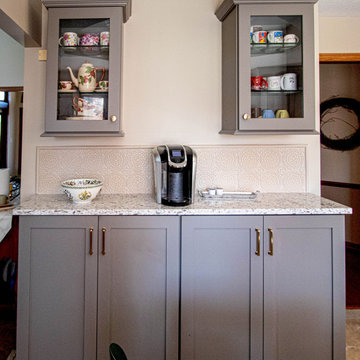 2 Tone Gray Kitchen with Quartz Countertop and Crackle Tile Backsplash