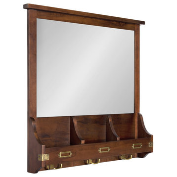 Stallard Wood Wall Mirror with Hooks, Walnut Brown 24x24
