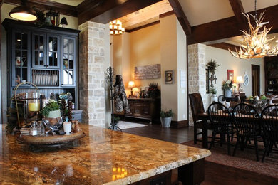 Large elegant medium tone wood floor double front door photo in Austin with white walls