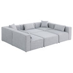 Meridian Furniture - Cube Upholstered Modular Sectional, Gray, 6-Piece: 3 Armless Chair, 2 Corner Chair, 1 Ottoman, Linen Texured Fabric - Treat yourself to some long overdue "me time" when you're seated on this Cube 6-Piece Modular Sectional. This beautiful modular unit is both eye-catching and elegant, features durable linen textured upholstery in a soft grey color that meshes well with nearly any existing color scheme. Pair this modular Sectional with other items in the same collection to create an unlimited number of combinations and enjoy the custom seating arrangement of your dreams. Latches underneath make it easy to attach pieces to one another.