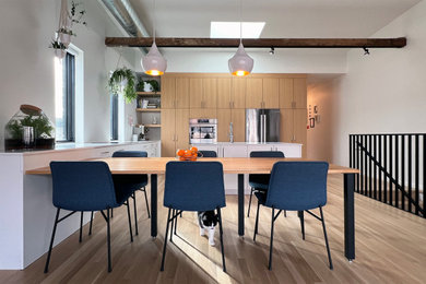 Kitchen/dining room combo - modern light wood floor kitchen/dining room combo idea in Chicago