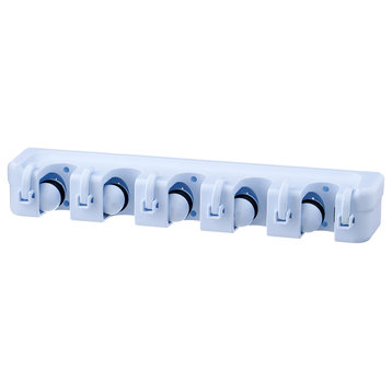 Superio Mop and Broom Holder Wall Mount, 5 Slots and 6 Hooks, White.