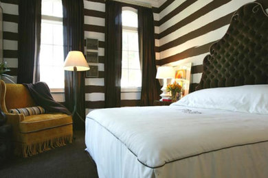 Bedroom - mid-sized traditional master carpeted and brown floor bedroom idea in Miami with brown walls and no fireplace