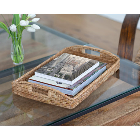 Artifacts Rattan™ Rectangular Serving Ottoman Tray With High Handles, Honey Brown, 21"x14"