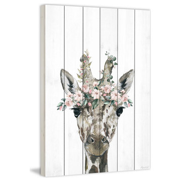 "Floral Crowned Giraffe" Painting Print on White Wood, 24x36