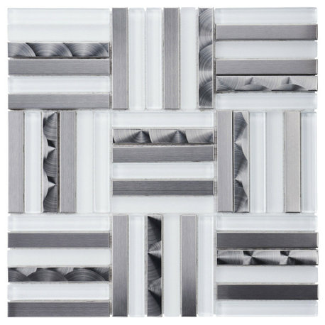 Modket White Glass Stainless Steel Glass Parquet Mosaic Tile Backsplash TDH372SS