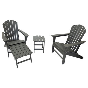 Hampton Outdoor Patio Adirondack Chair With Hideaway Ottoman and Table Set, Gray