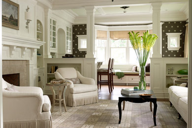 Living room - large traditional formal and open concept medium tone wood floor living room idea in New York with white walls, a standard fireplace and a tile fireplace