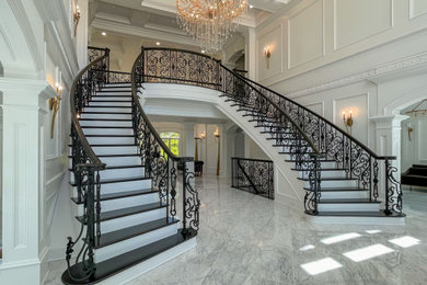 Example of a huge transitional wooden curved mixed material railing and wainscoting staircase design in DC Metro with wooden risers