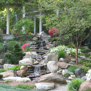 Rock waterfalls with landscaping gardens