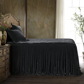 Stella Faux Silk Velvet Bedspread Set, 3PC, Black, King