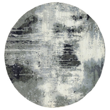Charcoal Black Hand Knotted Abstract Design Wool and Silk Round Rug, 4'2" x 4'3"