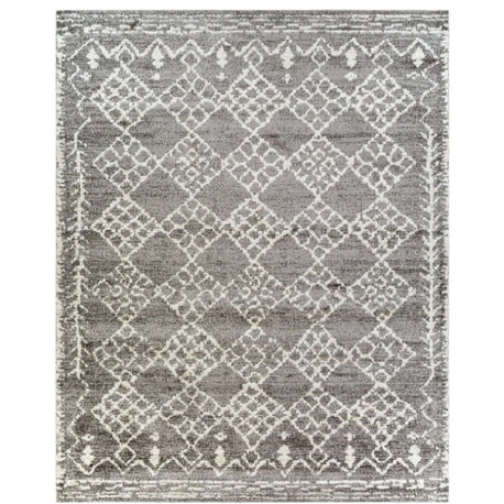 Bohemian Beige Geometric Motif Gray High Pile Area Rug, Unique Design, 7'10" X 10'