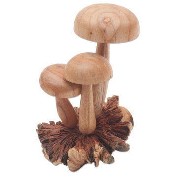 Novica Wood Sculpture Growing Mushrooms