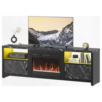 Modern TV Stand, Electric Fireplace & Upper Shelves With LED Light, Black Marble