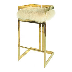 Worlds Away Hearst Brass Bar Stool, Mongolian Cushion - Bar Stools And Counter Stools
