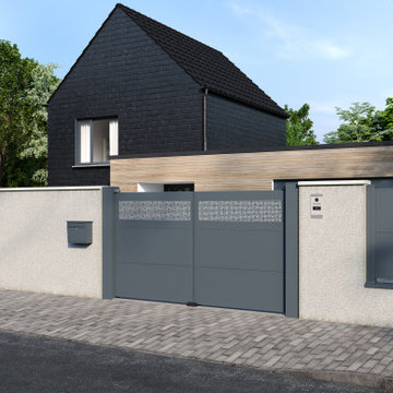 Longère contemporaine porte d'entrée, porte de garage, portail et clôture