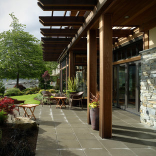 シアトルの大きいトランジショナルスタイルのおしゃれな裏庭のテラス (コンクリート敷き 、張り出し屋根) の写真