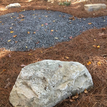 Slate Chip Path & Seating Area, Wooden Benches, Ornamental Mossy Boulders