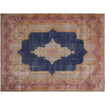 Bareens Designer Rugs - Vintage Rustic Song Blue/Pink Wool Rug - 9'10'' x 13'9'' - A mesmerizing addition to any decor, this brand-new hand knotted vintage wool rug featuring vibrant colors and a traditional design is made by skilled artisans capable of creating the most exceptional Persian knotted rugs. Harnessing the natural energy of the sun, each rug is organically neutralized from its original color, distressed and then saturated in an infusion of a bold vibrant color pallet to give it a fresh perspective and modern appeal. This masterpiece draws its inspiration from traditional and timeless rug designs, which provides both harmony and contrast bringing a phenomenal twist in any decor. An intricate design and exquisite coloration make this wool rug a standout piece for any room.