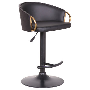 Solstice Adjustable Black Faux Leather and Gold Accent Swivel Barrstool