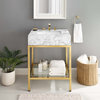 Faux White Marble Bathroom Vanity, Glass Shelf Single Sink Glam Gold Vanity, 26"