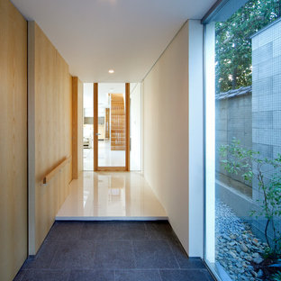 大阪のモダンスタイルのおしゃれな玄関 (御影石の床、金属製ドア、グレーの床) の写真