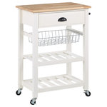 OSP Home Furnishings - Hampton Kitchen Cart With Wood Top and White Base - A flawless solution for space-saving homes and apartment living, our Kitchen Cart with Wood Top, combines beauty and functionality. Its multifunctional design makes it perfect for food preparation, serving, and kitchen storage. Beautiful from every angle, it features a solid wood painted finish, contrasted with the clean lines of a durable wood food prep surface. A top drawer will hold all your cooking utensils, while the charming pull-out basket will hold your fresh produce or kitchen linens. Two slatted open shelves are ideal for large pot storage and display. The handy towel bar, heavy-duty hardware and locking casters, provide long lasting appeal.  A must-have addition to any home, this charming kitchen cart is sure to be your new favorite place for both cooking and stowing away countertop clutter.