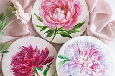 Collection of Oil Paintings Peonies on wood