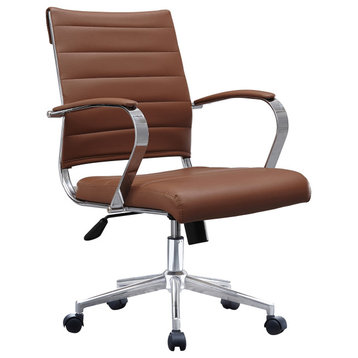 Mid Back Swivel Boss Ribbed PU Leather Office Arm Chair Modern Ergonomic, Brown