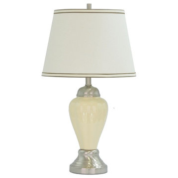 40016, 26" High Traditional Ceramic Table Lamp, Beige With Satin Nickel Base