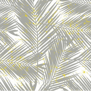 GW128011 Gray Palms with Yellow on White Peel and Stick Wallpaper Roll 20.5