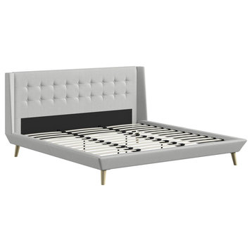 Unique Platform Frame, Wing Headboard With Button Tufting, Light Gray, King