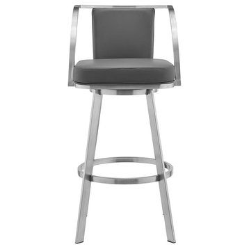Sandringham 30 Gray Faux Leather and Brushed Stainless Steel Swivel Bar Stool