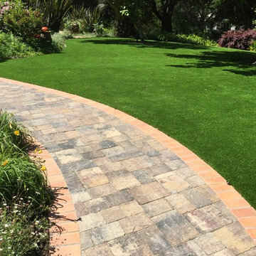 Artificial Turf Front Yard Lawn and Paver Entry Walkway Atherton CA