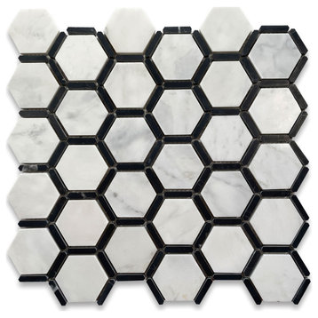 Carrara White Marble Hexagon Nero Marquina Strips Mosaic Tile Honed, 1 sheet