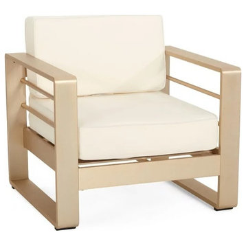 Contemporary Accent Chair, Elegant Golden Aluminum Frame With White Cushions