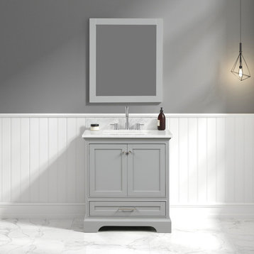 Bath Vanity, Marble Top, Grey, 30'' With Sink, Mirror