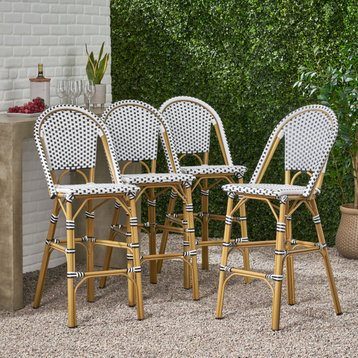 Grelton Outdoor Aluminum French Barstools (Set of 4), Black + White + Bamboo Finish