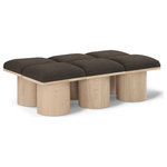 Meridian Furniture - Pavilion Black Boucle Fabric Bench, Brown, Natural Finish, 54" W X 31" D X 17.5" H - Bring valuable seating and remarkable style to your space with this Brown Pavilion boucle fabric bench, an exquisite balance of style and usability for the entryway, bedroom, and beyond. Crafted from oak veneer with a natural finish, this bench has a 4-inch-thick seat cushion that's channel-tufted for a touch of luxury. The bench's columnar bases add a dash of art deco design, making it a captivating focal point in any room.