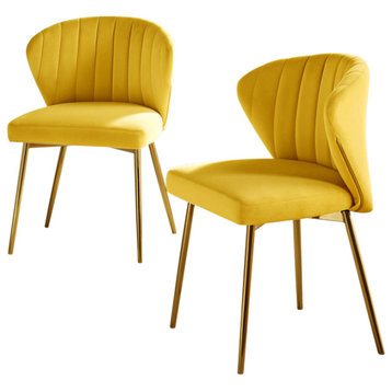 Milia Modern Audrey Velvet Dining Chair With Metal Legs Set of 2, Yellow