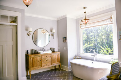 Large farmhouse master white tile mosaic tile floor and gray floor bathroom photo in Other with furniture-like cabinets, light wood cabinets, a one-piece toilet, gray walls, marble countertops, a hinged shower door and white countertops