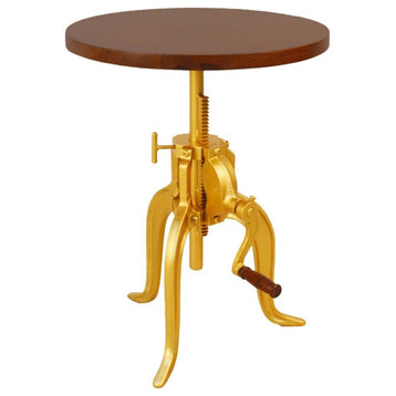 Pemberly Row Transitional Adjustable Crank Wood Accent Table in Elm and Gold