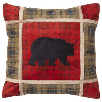 Red Plaid Bear Grid Rustic Throw Pillow 18x18
