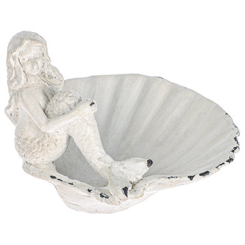 Pretty Mermaid Sitting on Seashell Trinket Dish White Distressed Finish