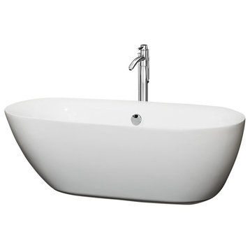 65" Freestanding Tub,White,Floor Mounted Faucet,Drain,Overflow,Polished Chrome