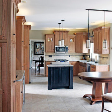 Custom Arts & Crafts Kitchen with Wet Bar & Black Island